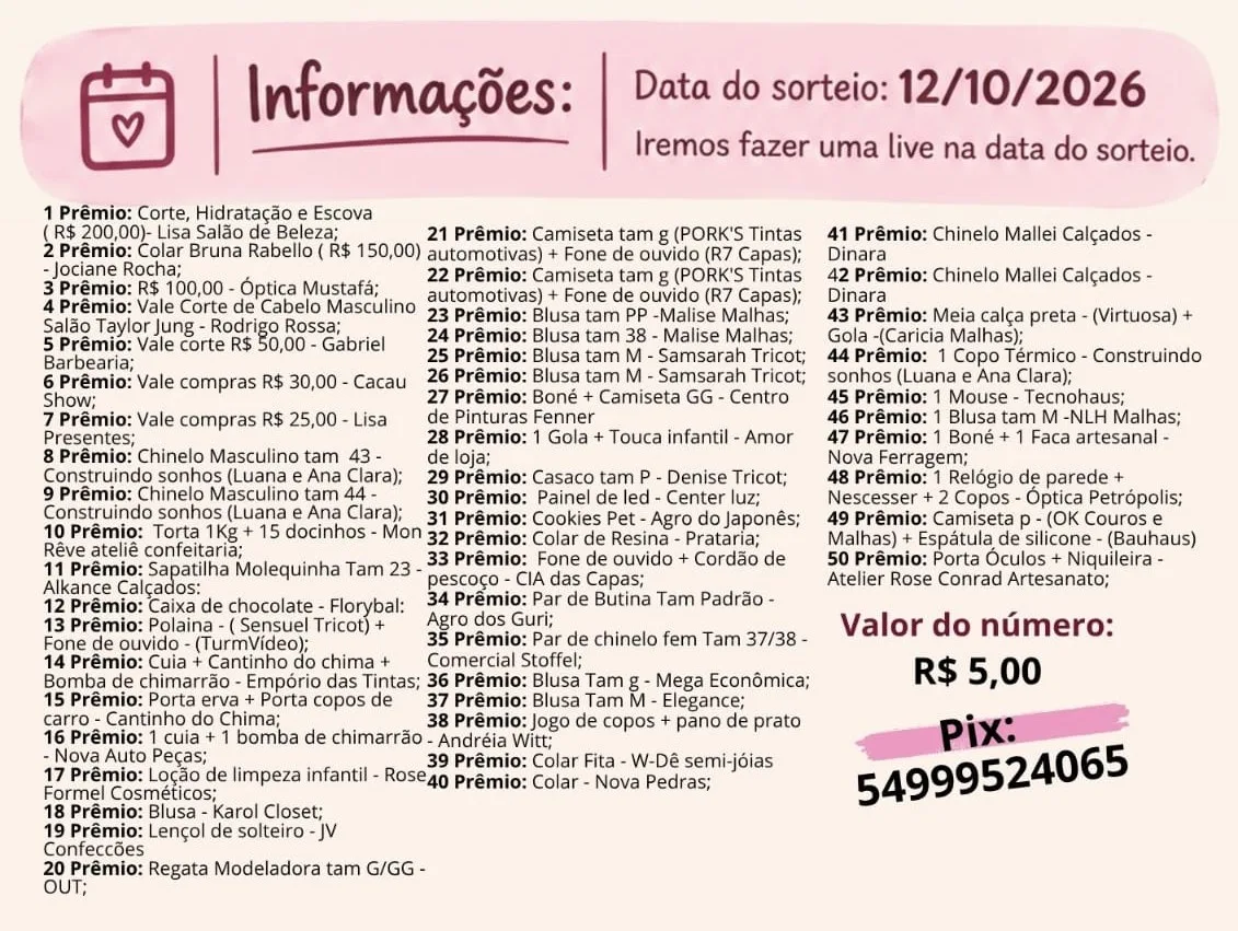 premios Família promove rifa beneficente para custear tratamento de menina em Nova Petrópolis